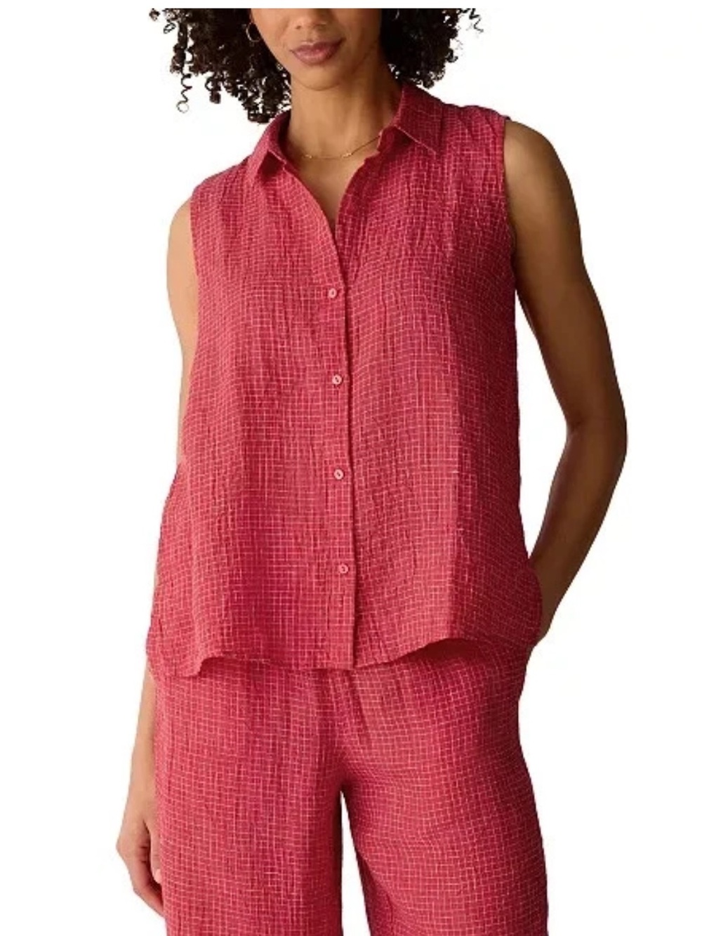 $148 EILEEN FISHER Puckered Organic Linen Grid Sleeveless Top Grenadine M NEW